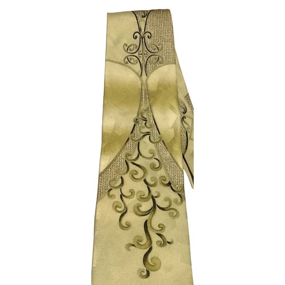 MCM ABSTRACT NECKTIE GOLD GREEN FILIGREE POLYESTER DESIGNER 60" X 4" MENS - Picture 2 of 4